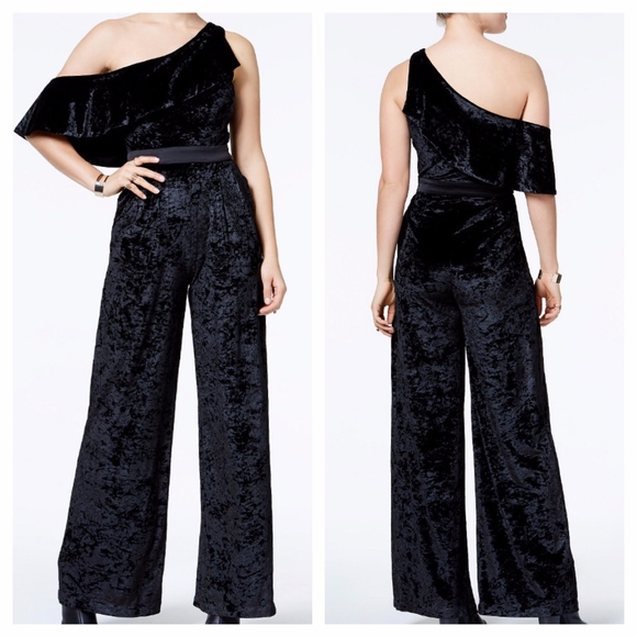 XOXO Pants - XOXO Velvet One Shoulder Ruffle Jumpsuit